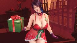 1girls 3d alluring bedroom big_breasts black_and_blue_hair christmas_lingerie cleavage dead_or_alive dead_or_alive_xtreme_venus_vacation gift holding_present present shandy_(doa) tecmo