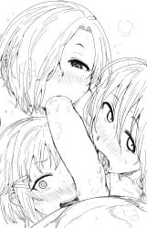 1boy 3girls @_@ absurdres blank_censor blush censored commentary_request fellatio group_sex hair_over_one_eye highres hoshi_syoko idolmaster idolmaster_cinderella_girls kaiman_garupan koshimizu_sachiko licking licking_penis looking_at_viewer monochrome multiple_girls oral penis saliva shirasaka_koume short_hair simple_background straight tongue tongue_out white_background