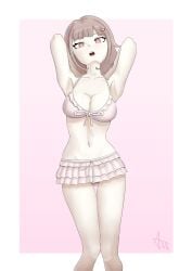 1girls arless_artist armpits arms_behind_head arms_up belly_button breasts cleavage collarbone danganronpa danganronpa_(series) danganronpa_2:_goodbye_despair danganronpa_2x2 female head_tilt hi_res high_resolution highres looking_at_viewer mole mole_on_breast nanami_chiaki open_mouth pink_eyes pink_hair ribbon signature simple_background skirt solo solo_female solo_focus standing swimsuit swimwear