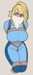 1girls bondage bound crotch_rope female female_only femsub fully_clothed gagged_female jam-orbital metroid rope samus_aran tight_clothing zero_suit_samus