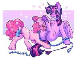 after_cunnilingus after_oral after_vaginal alicorn anus ass bite biting_lip blue_eyes blush bodily_fluids bottomwear clitoral_hood clitoris clothing collar colored cutie_mark digital_drawing_(artwork) digital_media_(artwork) dildo dildo_in_vagina dildo_insertion dripping duo earth_pony equid equine equine_anus eyelashes female female/female feral friendship_is_magic fur genitals hair half-closed_eyes hasbro heart_symbol hi_res hooves horn horse humanoid_genitalia humanoid_vulva konejo leash leashed_collar looking_down looking_pleasured mammal my_little_pony mythological_creature mythological_equine mythology narrowed_eyes open_mouth panties pattern_bottomwear pattern_clothing pattern_panties pattern_underwear penetration pink_body pink_fur pink_hair pinkie_pie_(mlp) pony purple_body purple_eyes purple_fur purple_hair rear_view saliva saliva_drip saliva_on_tongue saliva_string sex_toy sex_toy_in_vagina sex_toy_insertion shaded simple_background sitting standing striped_bottomwear striped_clothing striped_panties striped_underwear stripes tongue tongue_out twilight_sparkle_(mlp) underwear vaginal_penetration vulva wings