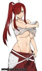 artist_name bare_shoulders big_breasts breasts chest_sarashi cleavage collarbone commentary dr_octojuice english_commentary erza_scarlet fairy_tail female hair_over_one_eye hair_up high_ponytail highres large_breasts long_hair long_sidelocks navel official_alternate_costume pants patreon_username ponytail red-haired_female red_hair red_pants sarashi sidelocks simple_background solo standing sweat sweaty_breasts underboob undressing unwrapping web_address white_background