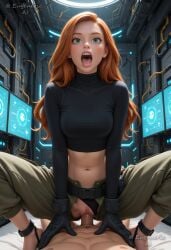 1boy ai_generated anklet belt black_gloves black_panties black_shirt breasts clothed_female_nude_male clothed_sex clothing_aside cowgirl_position crop_top eugenericai female gloves green_eyes indoors kim_possible kimberly_ann_possible long_hair looking_at_viewer medium_breasts midriff navel nude open_mouth orange_hair panties panties_aside pants penis pov pussy sex shirt solo_focus spread_legs squatting_cowgirl_position straddling straight uncensored underwear vaginal_penetration