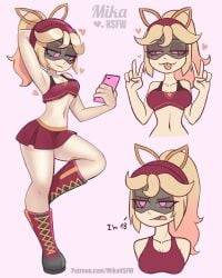 1girls artist_name artist_signature blonde_hair blush blushing_female breasts cleavage clothing curvaceous curvy_female curvy_figure curvy_hips dialogue female_only glitch_productions heart hips holding_phone human humanized lizzy_(murder_drones) long_hair mikansfw murder_drones phone pink_eyes ponytail skirt solo solo_female thighs tongue_out