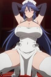 1female 1girl 1girls 2026 ai_generated armpits arms_behind_head arms_up artist_name bangs bare_shoulders big_ass big_breasts black_gloves blue_hair blush boots breasts cleavage closed_mouth covered_navel curvy dress elbow_gloves gloves hair_between_eyes hat hi_res high_quality high_resolution highres hitsugi_sayo huge_ass huge_breasts large_breasts long_hair looking_at_viewer nurse nurse_cap patreon patreon_username purple_eyes smile solo spread_legs squatting thighhighs thighs triage_x unjobdespiert watermark white_dress white_thighhighs