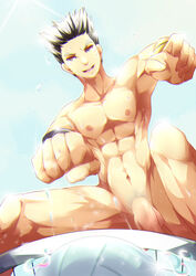 1boy abs bokuto_koutarou fudianshi haikyuu!! highres male_only net penis sky solo sun sweat two_tone_hair volleyball volleyball_net wristband