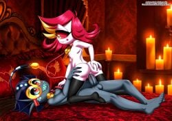 1boy 1girls anthro anus ass balls barefoot baxter_(hazbin_hotel) bbmbbf bed blush breasts candle collar cowgirl_position cyclops demon demon_girl feet female fish glasses hazbin_hotel leash male male/female niffty nipples nude palcomix penis pillow pussy pussy_juice sex sharp_teeth stockings teeth vaginal vaginal_penetration vaginal_sex vivienne_medrano