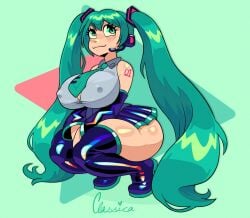 1girls 2026 armwear artist_name artist_signature bare_shoulders big_breasts big_hair big_thighs blue_hair blush breasts classica_p clothed clothed_female clothing eyelashes female hair hatsune_miku huge_breasts huge_thighs large_breasts large_thighs light-skinned_female light_skin microphone nipple_bulge nipples nipples_visible_through_clothing skirt squatting thick_thighs thighhighs thighs tie tight_clothing twintails twitter_link vocaloid voluptuous voluptuous_body voluptuous_female