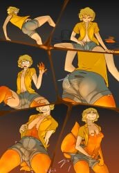 absurd_res anonymous_character aujko becoming_erect bite biting_lip blonde_hair bottomwear bulge clothing comic erection genitals goo_drip goo_string goo_transformation green_bottomwear green_clothing green_shorts growth hair hi_res human lava looking_pleasured male mammal masturbation penile penile_masturbation penis penis_grab shirt shorts slime solo surprised tail tail_growth topwear torn_clothing transformation yellow_clothing yellow_shirt yellow_topwear