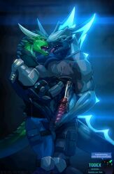 2_penises anthro armor balls big_penis bioluminescence bodily_fluids clothed clothing clothing_lift cum cumshot dragon duo ejaculation erection fish genital_fluids genitals glowing glowing_eyes handjob hi_res kissing male male/male marine multi_genitalia multi_penis muscular muscular_male mythological_creature mythological_scalie mythology penile penis precum scalie sex shark shirt shirt_lift tdxlabs todex topwear unusual_bodily_fluids unusual_cum unusual_genital_fluids