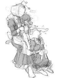 1other 2boys comic deltarune enby human kris_(deltarune) kris_female_(deltarune) licking_pussy maid maid_outfit monochrome nonbinary pain_keeper pixiv_link puppet pussy sex sketch spamton_g_spamton tenna_(deltarune) threesome tv_head