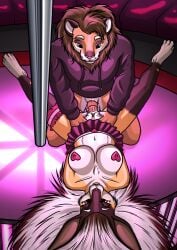 absurd_res anthro breasts clothed clothing duo erection felid feline female female_penetrated from_front_position genitals hair hi_res kangaroo lion long_hair lying macropod male male/female male_penetrating mammal marsupial missionary_position nude on_back on_top pantherine penetration penis public sex simple_background smile stage strip_club tail zaiksmckraven