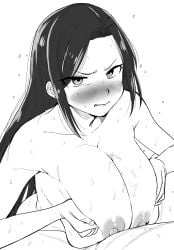 1boy 1girls absurdres alternate_breast_size angry angry_paizuri annoyed asian_female big_breasts blush breast_hold breast_squish breasts commentary_request cum cum_between_breasts cum_on_breasts ejaculation_between_breasts embarrassed embarrassed_nude_female engulfing_paizuri female greyscale highres huge_breasts idolmaster idolmaster_cinderella_girls japanese_text kaiman_garupan large_breasts long_hair looking_at_viewer male monochrome mukai_takumi nipples nude nude_female paizuri paizuri_lead_by_female paizuri_on_lap simple_background solo_focus straight sweat white_background