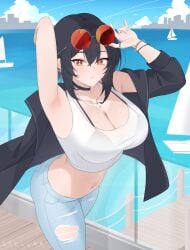 absurdres adjusting_eyewear alternate_costume armpits arms_up artist_name big_breasts black_bra black_choker black_hair black_jacket blue_pants blue_sky blush bra bracelet breasts choker cleavage cloud collarbone commentary crop_top english_commentary eyewear_on_head female grace_howard hair_between_eyes highres hoyoverse jacket jacket_partially_removed jewelry large_breasts midriff mihoyo mihoyo_technology_(shanghai)_co._ltd. multiple_rings navel necklace outdoors pants parted_lips red-tinted_eyewear red_eyes ring round_eyewear see-through_clothes see-through_shirt shirt silver_ring sky solo stellar_(ssstellar) sunglasses tinted_eyewear torn_clothes torn_pants underwear white_shirt zenless_zone_zero