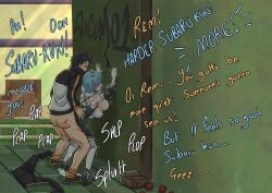 1boy 1girls big_breasts black_hair blue_hair closed_eyes clothing_on_floor creampie from_behind hands_on_hips natsuki_subaru outdoors panties_around_one_leg re:zero_kara_hajimeru_isekai_seikatsu rem_(re:zero) rough_sex sex sex_from_behind tagme text wacum