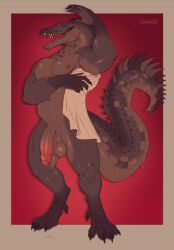 absurd_res aetius_(character) alligator alligatorid anthro balls big_penis bodily_fluids brown_body claws crocodilian dripping essenza foreskin genital_fluids genitals glistening glistening_body hi_res male musclegut muscular nipples open_mouth penis precum precum_drip reptile saggy_balls scales scalie smile smiling_at_viewer smirk smirking_at_viewer solo standing sweat sweaty_balls sweaty_chest sweaty_face sweaty_genitalia teeth towel water water_drop wet yellow_eyes