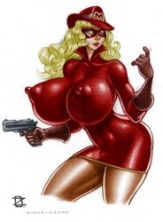 1girls 2006 ac_comics bimbo blonde_hair blue_eyes breasts busty cleavage domino_mask fedora gloves handgun huge_breasts miss_masque nail_polish nipple_bulge red_dress rinaldi voluptuous