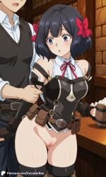 1boy 1girls ai_generated beer beer_mug bottomless breasts embarrassed encoder exhibitionism female hair_ornament holding holding_hands holding_mug holding_object indoors male medium_breasts mug nageki_no_bourei_wa_intai_shitai naked naked_female nude nude_female public public_exposure public_nudity pulling_clothing pussy short_hair table tavern tino_shade uncensored vagina wide_hips