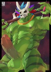 2026 abs absurd_res anthro artist_logo balls bone bone_mask digital_media_(artwork) erection erlenmeyer_flask feathered_headdress genitals glans green_body hi_res holding_object holding_staff holding_vial humanoid_genitalia humanoid_penis jewelry laboratory_equipment laboratory_glassware lihzahrd lizard logo male mask monsterplus muscular muscular_anthro muscular_male muscular_thighs navel necklace nipples nude pecs penis portrait reptile scalie scientific_instrument skull skull_accessory skull_mask solo staff terraria three-quarter_portrait tribal vein veiny_penis vial witch_doctor_(terraria) yellow_eyes