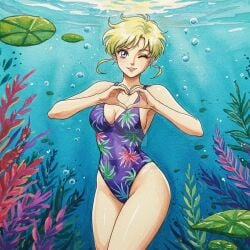 adult_swim ai_generated alluring athletic_female bikini bishoujo_senshi_sailor_moon bishoujo_senshi_sailor_moon_s bishoujo_senshi_sailor_moon_s_the_movie bishoujo_senshi_sailor_moon_supers bishoujo_senshi_sailor_moon_supers_the_movie blonde_hair cleavage female haruka_ten'ou heart_symbol medium_breasts navy_eyes one-piece_bikini solo stark-astrea toei_animation toonami underwater viz_media wink