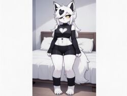 1girl ai ai_generated arctic_fox arm_warmers bedroom belly belly_button black_arm_warmers black_top boobs breasts clothed female female_only fox foxgirl heart_emoticon heart_on_belly heart_on_hair hips kit_community kit_community_v2 makiko_fox mika_kit room sexy sexy_body sfw standing tail tattoo tattooed_belly top topwear white_belly