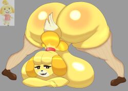 animal_crossing anthro big_ass big_breasts bonkomi brown_shoes canine dog_ears dog_girl dog_tail furry happy_face highres isabelle_(animal_crossing) jack-o_pose nintendo reference_image shoes simple_background stretch thighhighs yellow_hair yellow_skin
