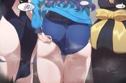 3girls adjusting_buruma adjusting_clothes adjusting_swimsuit ass ass_focus back blue_archive blue_hair buruma cameltoe china_dress chinese_clothes commentary_request dress female highres jacket kisaki_(blue_archive) mari_(blue_archive) multiple_girls ribbon standing swimsuit thighs track_jacket triple_ass_focus uousagi2639 yellow_ribbon yuuka_(blue_archive) yuuka_(track)_(blue_archive)