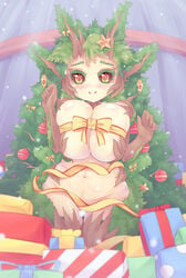 blush breasts christmas christmas_ornaments christmas_tree dryad dunceneygak earrings huge_breasts leaves monster_girl naked_ribbon navel plant_girl presents red_eyes red_sclera ribbon smile tree_girl wood wrapped_up