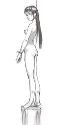 asphyxiation ass barefoot blush bondage bound_hands breasts execution feet female hanged long_hair looking_back monochrome nipples noose nude restrained rope sketch solo