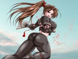 1girls back_view big_breasts black_boots black_gloves black_pants brown_eyes brown_hair bubble_butt crop_top cropped_jacket falling_petals fan fatal_fury fatal_fury:_city_of_the_wolves fatal_fury:_legend_of_the_hungry_wolf flower foot_out_of_frame gloves hair_ornament high_ponytail leather leather_jacket leather_pants long_hair mai_shiranui mai_shiranui_(city_of_the_wolves) mai_shiranui_(street_fighter_6) midriff official_alternate_costume ponytail smile tagme tight_clothing