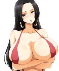 1girls black_hair blue_eyes blush boa_hancock breasts cleavage crossed_arms earrings female female_only huge_breasts jewelry long_hair one_piece runaru slingshot_swimsuit solo