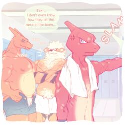 anthro arcanine bara big_pecs bullying canid canine charizard charmeleon dragon furry gamefreak locker_room male male/male male_only muscular muscular_anthro muscular_male no_sex pecs pokémon_(species) pokemon pokemon_(species) shibuyatank text text_bubble tight_clothing twink