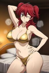 1girls ai_generated arm_behind_head arms_akimbo bikini breasts cameltoe female female_only female_villain freckles freckles_on_face ginger ginger_female ginger_hair gold_bikini gundam gundam_00 hazel_eyes jewelry large_ass large_breasts light-skinned_female mobile_suit_gundam model_pose nena_trinity pale-skinned_female pale_skin posing posing_for_the_viewer red_hair redhead redhead_female redheaded_female solo stud_earrings thick_thighs thin_eyebrows twintails twintails_(hairstyle) underwear villainess yellow-eyed_female yellow_eyes yellow_eyes_female
