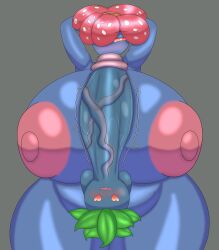 anthro big_areola big_ass big_breasts big_nipples blowjob blue_skin bonkomi felation heart-shaped_pupils heart_symbol highres leaf massive_ass massive_breasts massive_cock oddish pink_nipples pokemon pokemon_(species) simple_background vileplume