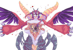 black_sclera breasts dunceneygak feathered_wings feathers horn horns insect_girl large_breasts monster_girl multi_ear multi_eye multi_horn nipples open_chest red_hair spread_arms tail taur unusual_anatomy wings yellow_eyes