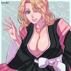 aqua_eyes artist_name big_breasts black_kimono bleach bleach:_sennen_kessen-hen blonde_hair breasts cleavage collarbone commentary_request female grey_background grin highres huge_breasts japan japanese_clothes jewelry kimono komeko_(strikek-lvvjm27) long_hair looking_at_viewer matsumoto_rangiku mole mole_under_mouth necklace necklace_between_breasts one_eye_closed parted_bangs parted_lips pink_shawl shawl shihakusho smile solo teeth upper_body waving