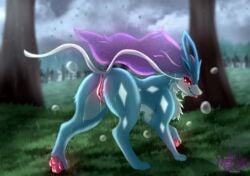 anus ass astralia_(art) blep blue_body blue_fur bodily_fluids canid canine female feral fur generation_2_pokemon genital_fluids genitals grass hair hi_res legendary_pokemon looking_at_viewer mammal markings nintendo pawpads paws plant pokemon pokemon_(species) purple_hair raining rear_view red_eyes smile solo suicune tongue tongue_out tree vaginal_fluids vulva watermark wet white_markings