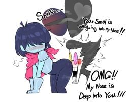 1boy 1nonbinary anus_sniff ass_sniffing butt_sniffing deltarune deltarune_chapter_2 dialogue embarrassed femboy fetish hanuvo human kris_(deltarune) male nose_in_anus old_art older_male penis puppet sniffing spamton_g_spamton text white_background