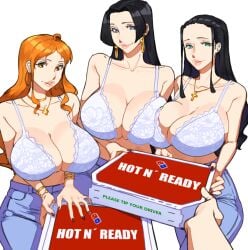 3girls 47_hard black_hair boa_hancock bra breasts cleavage female female_only huge_breasts large_breasts long_hair nami_(one_piece) nico_robin one_piece orange_hair pizza pizza_box pizza_delivery trio underwear