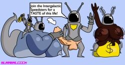 2boys 2girls absurdly_large_cock black_body black_skin bouncing bouncing_breasts dialogue hand_on_penis handjob intergalactic_speedsters interracial interspecies macro micro money_bag oc poll_winner surrealcock white_skinned_male