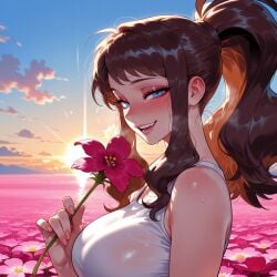 1girls ai_generated alternate_breast_size balecxi bare_shoulders blue_eyes blue_sky blush breasts brown_hair clothing cloud curvaceous curvaceous_female curvaceous_figure curvy curvy_figure eyelashes eyeshadow female female_focus field fingernails flower flower_field from_side gradient_sky half-closed_eyes high_ponytail hilda_(pokemon) holding holding_flower horizon large_breasts lips long_hair looking_at_viewer makeup naughty_face oerba_yun_fang open_mouth outdoors pink_flower pink_nails pokemon pokemon_bw ponytail seductive_smile shirt sidelocks sky sleeveless sleeveless_shirt smile solo sun sunlight sunset sweat tank_top teeth upper_body voluptuous voluptuous_female wet wet_clothes white_shirt white_tank_top