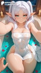 1girls 2026 ai_assisted ai_generated anime artist_name bath bathing bathtub blush breasts bust elf explicit frieren frieren_beyond_journey's_end hi_res high_quality high_resolution highres long_hair onsen outstretched_arm partially_submerged patreon patreon_username petals petals_on_liquid pointy_ears pov ripples rose_petals skypassion smile sousou_no_frieren stable_diffusion towel valentine's_day water watermark wet
