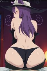 ai_generated ass back backboob black_panties blair_(soul_eater) blush breasts butt_crack digitalwaifugallery female from_behind hat hi_res high_quality high_resolution large_breasts long_hair looking_at_viewer looking_back panties patreon purple_hair seductive sexy sideboob sitting solo soul_eater sweat uncensored underwear watermark witch_hat yellow_eyes
