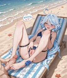 1boy 1boy1girl 1girl1boy 1girls aether_(genshin_impact) ai ai-created ai_generated ai_hands beach furina_(genshin_impact) genshin_impact legs masturbation pussy