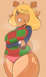 2025 anthro anthro_female antlers arms_under_breasts arms_up big_breasts big_thighs blonde_female blonde_hair breasts brown_body buckteeth deer deer_ears deer_girl deltarune furry furry_female green_eyes hair_between_eyes hair_over_one_eye huge_breasts huge_thighs large_breasts large_thighs nipple_bulge nipples nipples_visible_through_clothing no_bottomwear noelle_holiday panties severingaxis183 sweat sweatdrop sweating tails thick_thighs thighs twitter_link undertale_(series) underwear