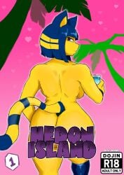 absurd_res animal_crossing ankha ankha_(animal_crossing) ass big_butt blue_hair cover_art cover_pageanthro female fur furry furry_female gradient_background hair heart_background juice_(beverage) markings nintendo palm_tree plant purple_eyes simple_background solo tail tail_markings text tree yellow_body yellow_fur