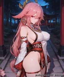 absurd_res ai_generated alternate_version_at_source alternate_version_available arms_behind_back bare_shoulders cute cute_face female female_focus fox fox_ears fox_girl genshin_impact hair hair_between_eyes hair_ornament half-closed_eyes hi_res highres hoyoverse japanese_clothes long_hair looking_at_viewer looking_pleasured love night night_sky outdoors outside outside_sex ozziru patreon pink_hair self_upload sexy shrine_maiden sideboob solo solo_female solo_focus standing uncensored video_game video_game_character video_game_franchise video_games yae_miko