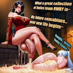 1futa 1girls after_sex ai_generated ass balls big_balls big_penis big_testicles breasts cinder_fall crossed_legs curvaceous curvaceous_body curvaceous_female curvy english_text evil_grin excessive_cum female flaccid futa_on_female futadom futanari high_heels huge_balls huge_cock huge_testicles large_breasts large_cock large_testicles noobygen rwby text veiny_penis voluptuous weiss_schnee