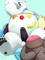2025 3:4 anthro balls bear black_nose blush duo erection food fruit fur genitals grizzly_(shirokuma_cafe) hi_res kemono male male/male mammal masturbation micro open_mouth overweight overweight_male penis plant polar_bear shinorokuma3579 shirokuma shirokuma_cafe solo_focus surprised ursine watermark white_body white_fur