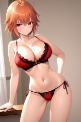 1girl ahoge ai-created ai_generated ane_to_osananajimi_wa_naka_ga_ii! arm_support ass_visible_through_thighs bare_arms bare_shoulders blush bra breasts cleavage closed_mouth collarbone contrapposto cowboy_shot crossed_bangs curtains female groin hair_between_eyes hand_on_own_hip indoors lace-trimmed_bra lace-trimmed_panties lace_trim large_breasts lingerie looking_at_viewer navel orange_hair panties pixiv red_bra red_eyes red_panties rena_aikawa_(pixiv_user) short_hair side-tie_panties skindentation smile solo stable_diffusion standing stomach string_panties takahashi_mitsuki thighs underwear underwear_only window